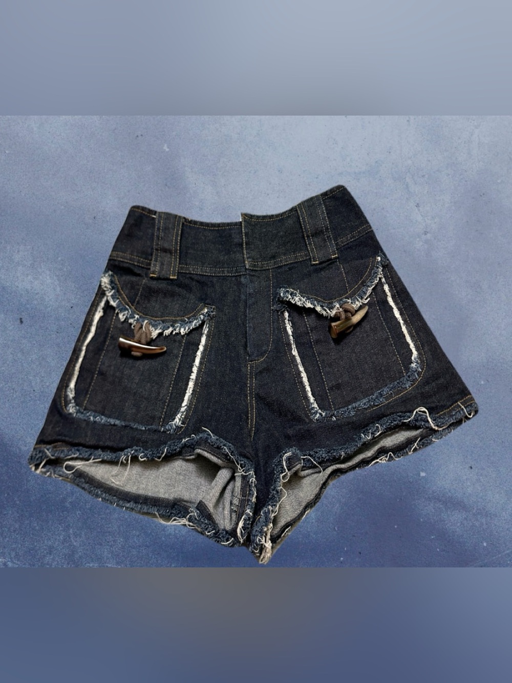 Derek Lam Dark Indigo Frayed Denim Shorts with Toggle Pocket Details size 2